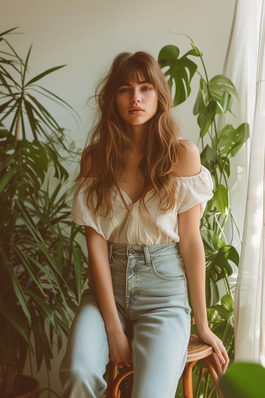 A young woman sitting on a wooden stool, wearing eco-friendly light wash jeans and a loose, organic cotton top, surrounded by green plants, soft natural light filtering through sheer curtains.