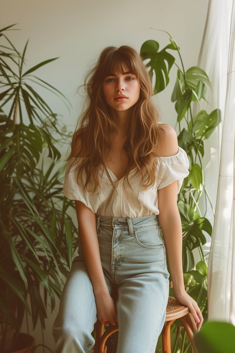  A young woman sitting on a wooden stool, wearing eco-friendly light wash jeans and a loose, organic cotton top, surrounded by green plants, soft natural light filtering through sheer curtains.