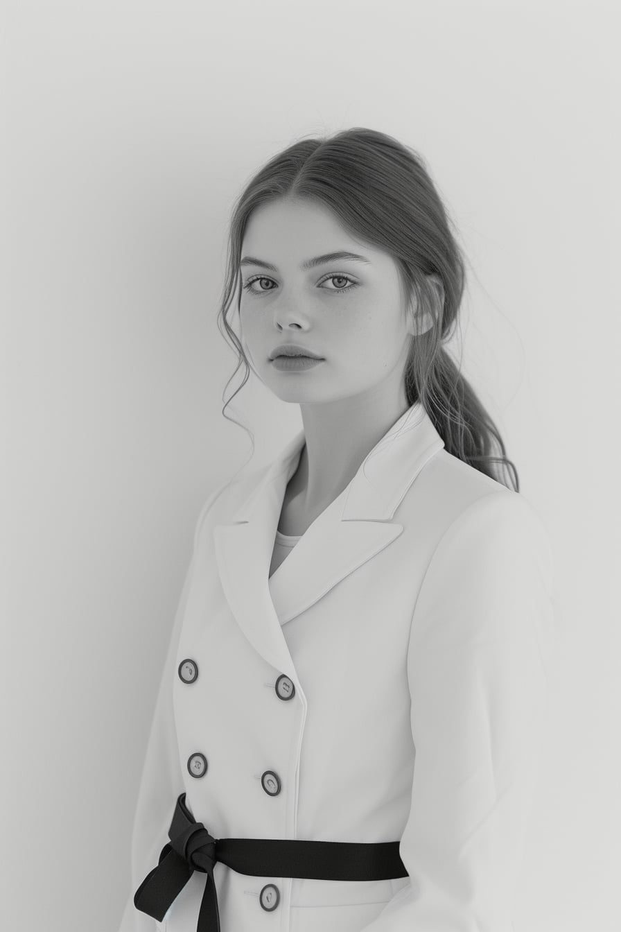  A young woman with sleek, pulled-back hair, posing in a minimalist studio, wearing a tailored white oversized blazer with a black belt cinching the waist, against a clean, white background, emphasizing the contrast and the play on proportions.