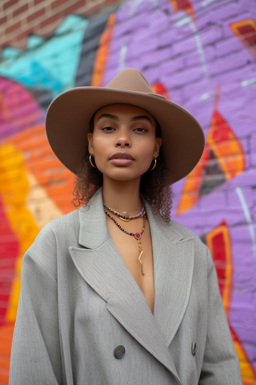  A young woman with a pixie cut, standing in front of a brightly colored mural, wearing a light grey oversized blazer accessorized with a bold, chunky necklace and a wide-brimmed hat, showcasing the power of accessories.