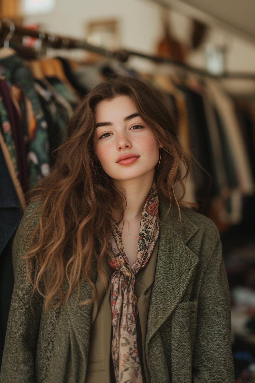  A young woman with long, flowing hair, browsing through a vintage clothing store, wearing an olive green oversized blazer paired with a silk scarf, surrounded by racks of clothes, capturing the essence of sustainable fashion shopping.