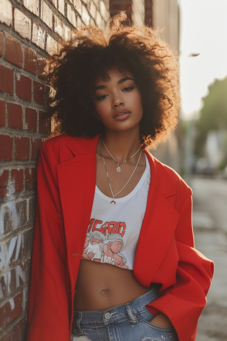  A young woman with short, curly hair, casually leaning against a brick wall outside, wearing a vibrant red oversized blazer over a white graphic tee, paired with distressed denim shorts, captured during the golden hour.