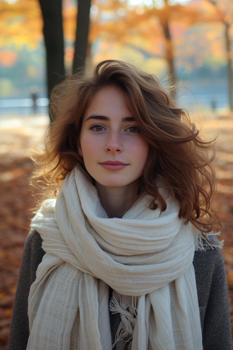  A young woman with wavy chestnut hair, wrapped in a large, soft, cream-colored scarf, standing in a park with autumn leaves, late afternoon light.