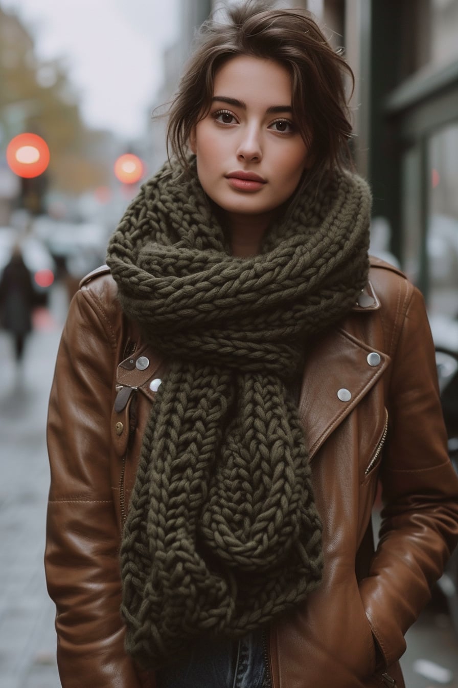 A stylish young woman in a casual chic outfit, layering a large, knitted, olive-green scarf over a leather jacket, in an urban setting, early evening.