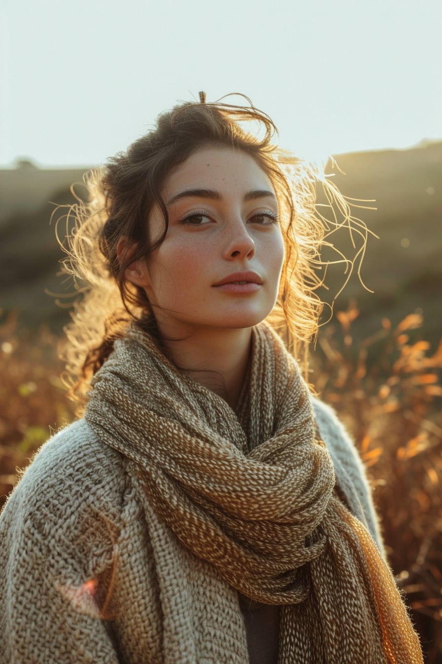  A thoughtful young woman in a cozy, sustainable outfit, accessorizing with a large, earth-toned scarf made from organic materials, in a serene, natural outdoor setting, golden hour.