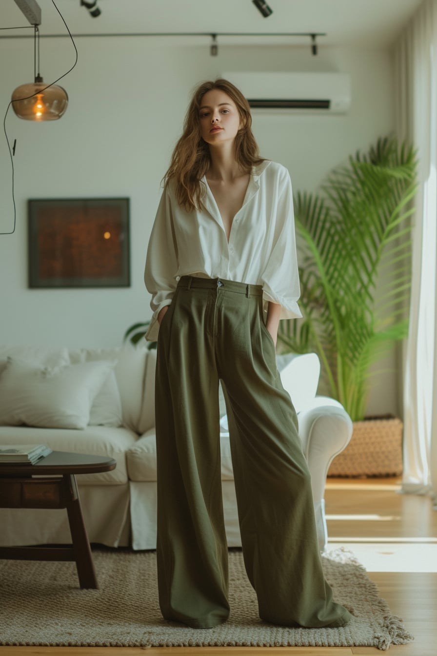 A stylish young woman in olive green wide-leg pants, paired with a simple white blouse, standing in a minimalist, modern living room. Natural light floods the space, highlighting the outfit