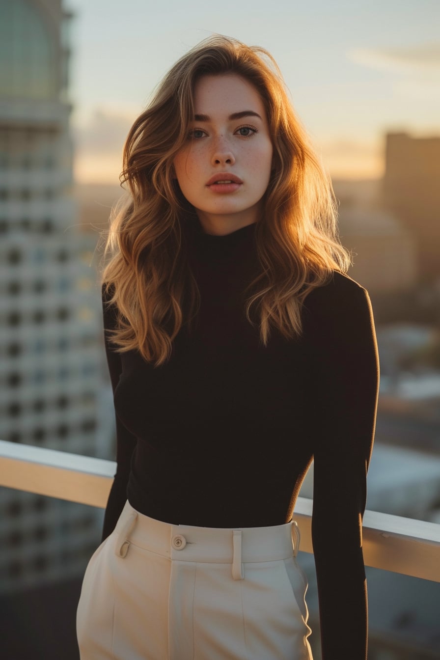  A young woman with wavy chestnut hair, wearing high-waisted wide-leg pants in a soft cream color, paired with a fitted black turtleneck. Golden hour, urban rooftop setting.