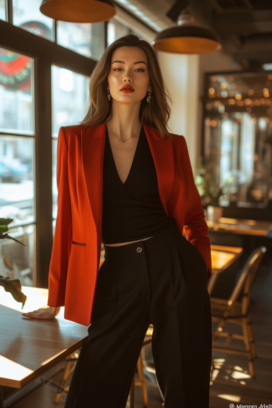 A confident young woman with sleek, straight hair, wearing black wide-leg pants and a fitted, bright red blazer. She