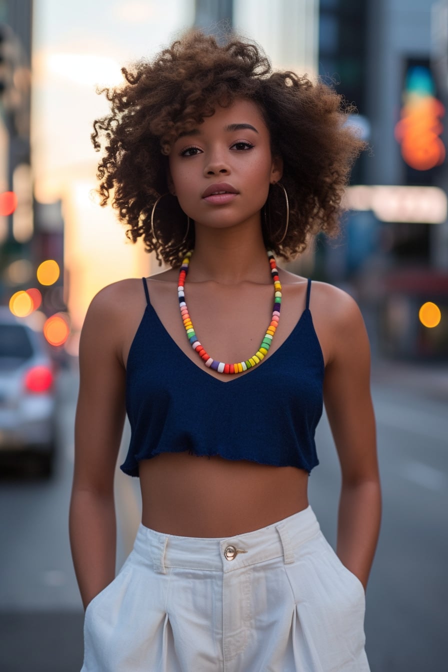 A young woman with curly hair, wearing crisp white wide-leg pants and a navy blue top, accessorized with a large, colorful statement necklace. She