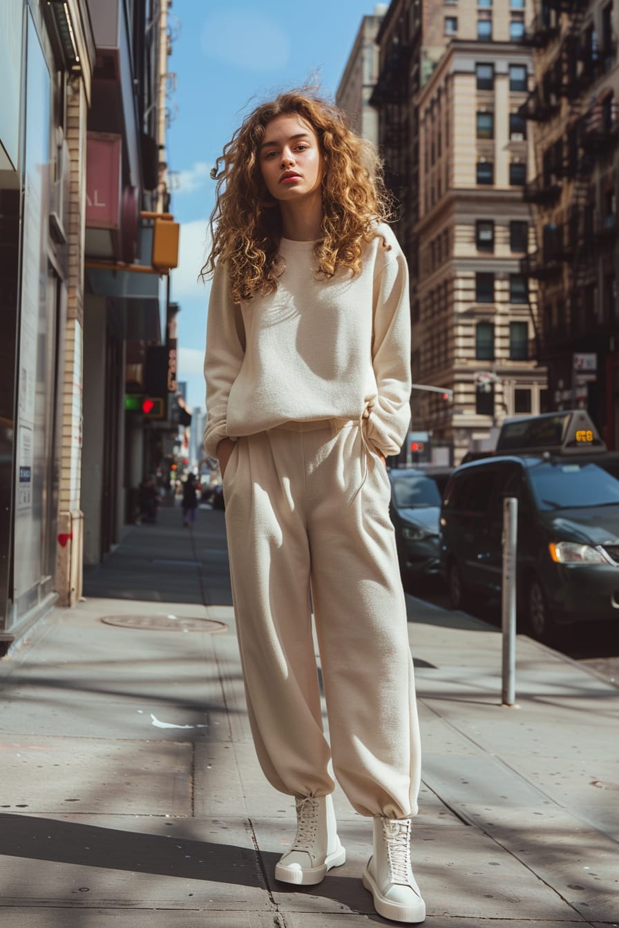 A full-length image of a young woman with curly, light brown hair, wearing beige wide-leg trousers and white chunky sole boots, standing on a city sidewalk, midday, soft shadows cast by the buildings.