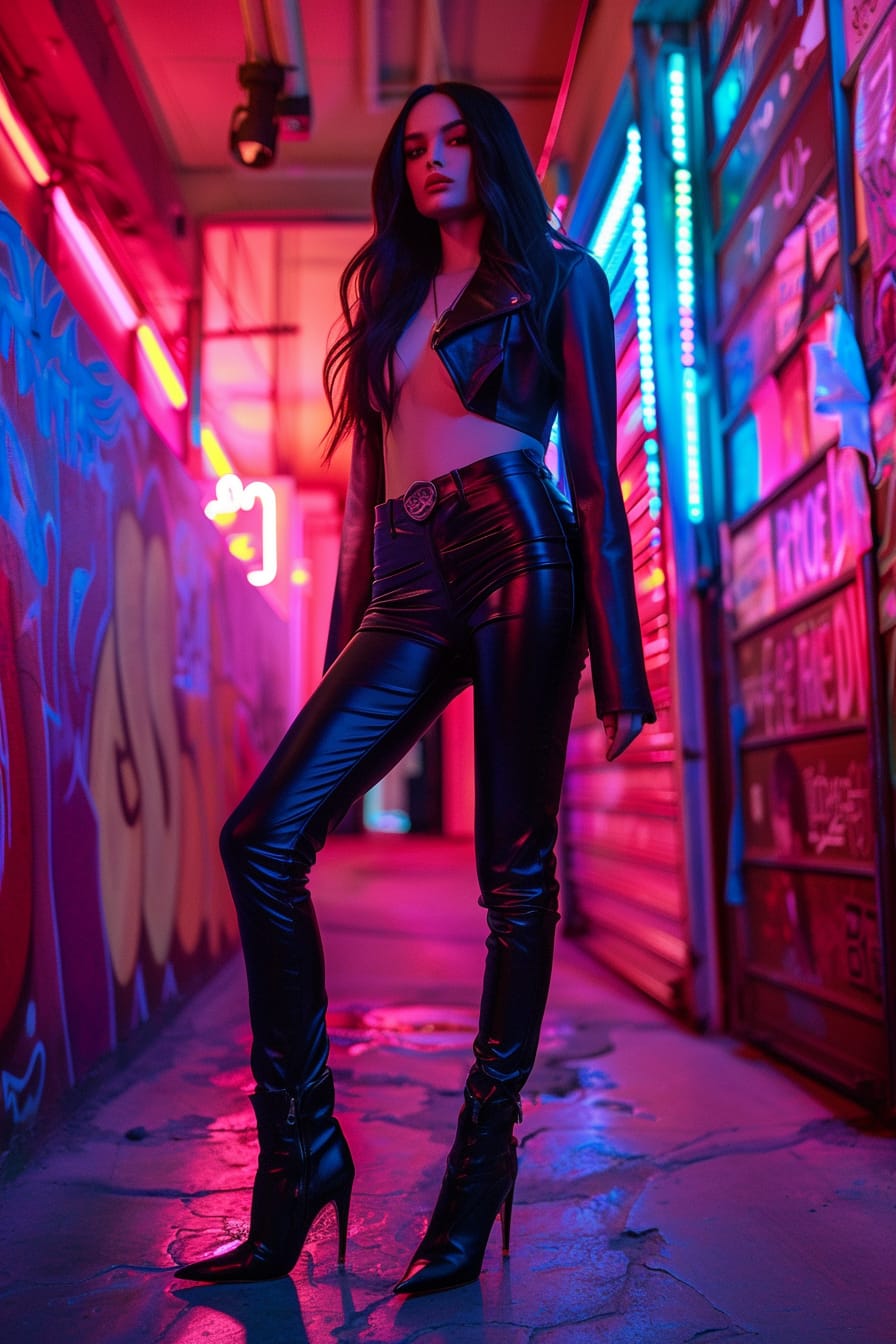 A full-length image of a young woman with long, sleek black hair, wearing fitted black leather trousers and black stiletto boots, standing in a vibrant urban nightlife area, night, neon lights reflecting on the surroundings.