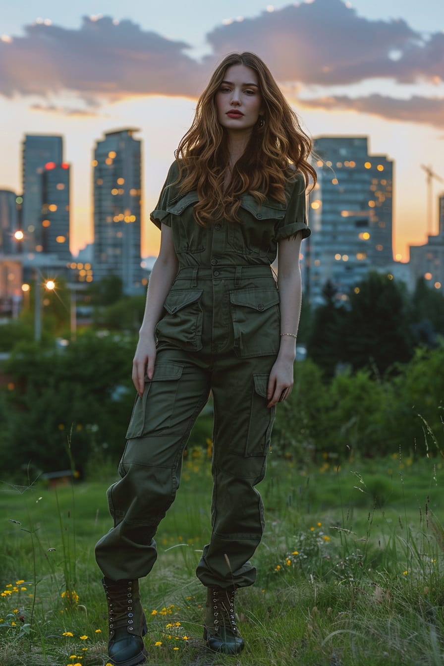 A full-length image of a young woman with wavy, auburn hair, wearing olive green cargo trousers and lace-up combat boots, walking through an urban park, early evening, dynamic city lights in the background.