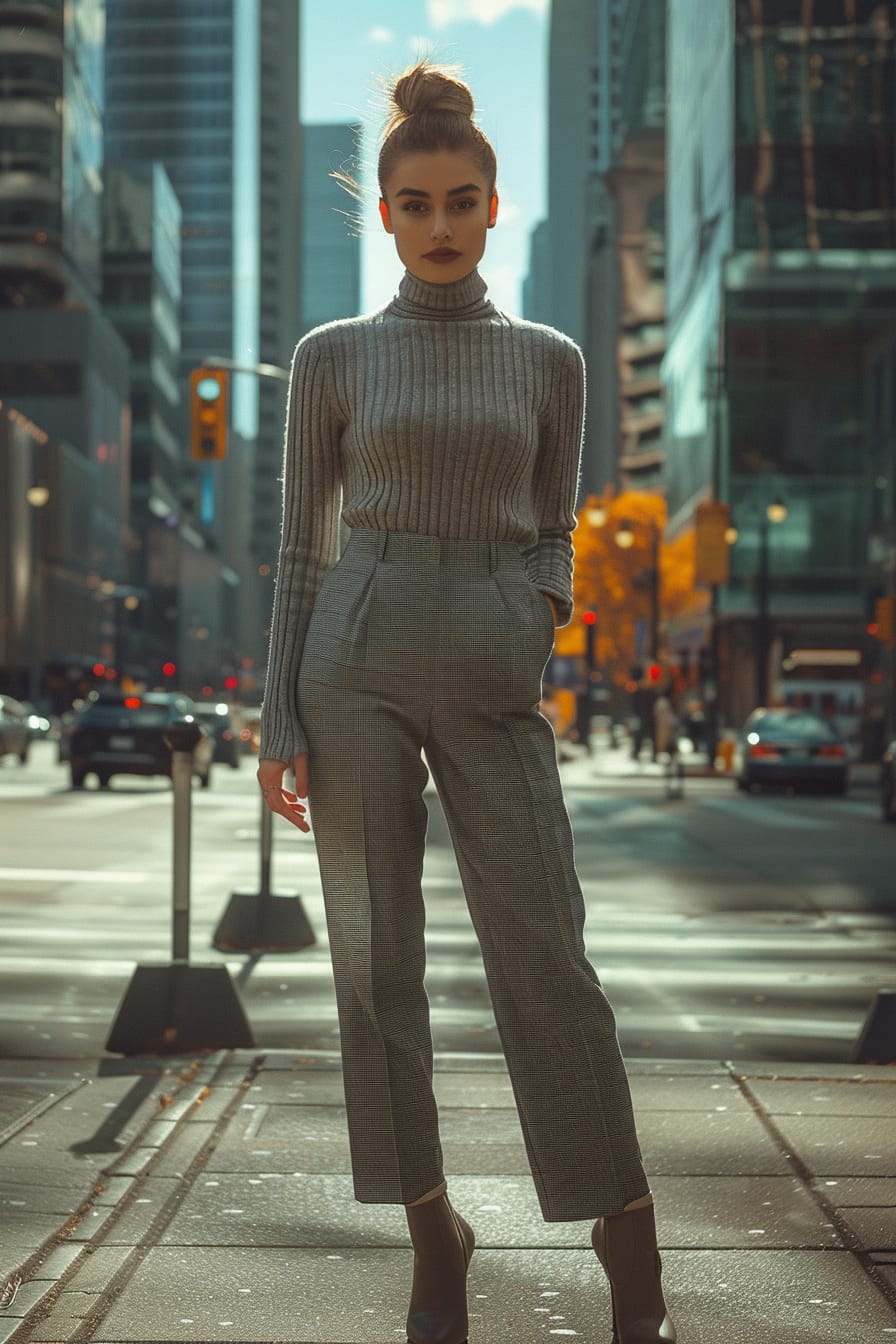 A full-length image of a young woman with her hair in a sleek bun, wearing tailored charcoal grey trousers and pointed-toe heeled boots, standing in a bustling urban business district, morning light.