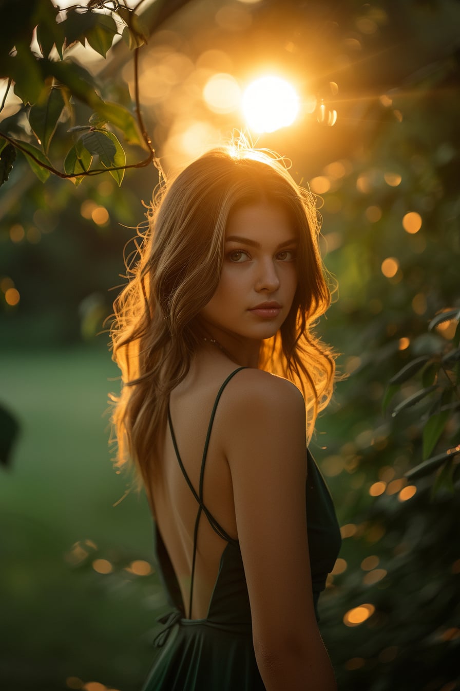  A graceful young woman with soft, wavy hair, wearing a sleek, emerald green backless dress, standing in a lush garden at sunset.