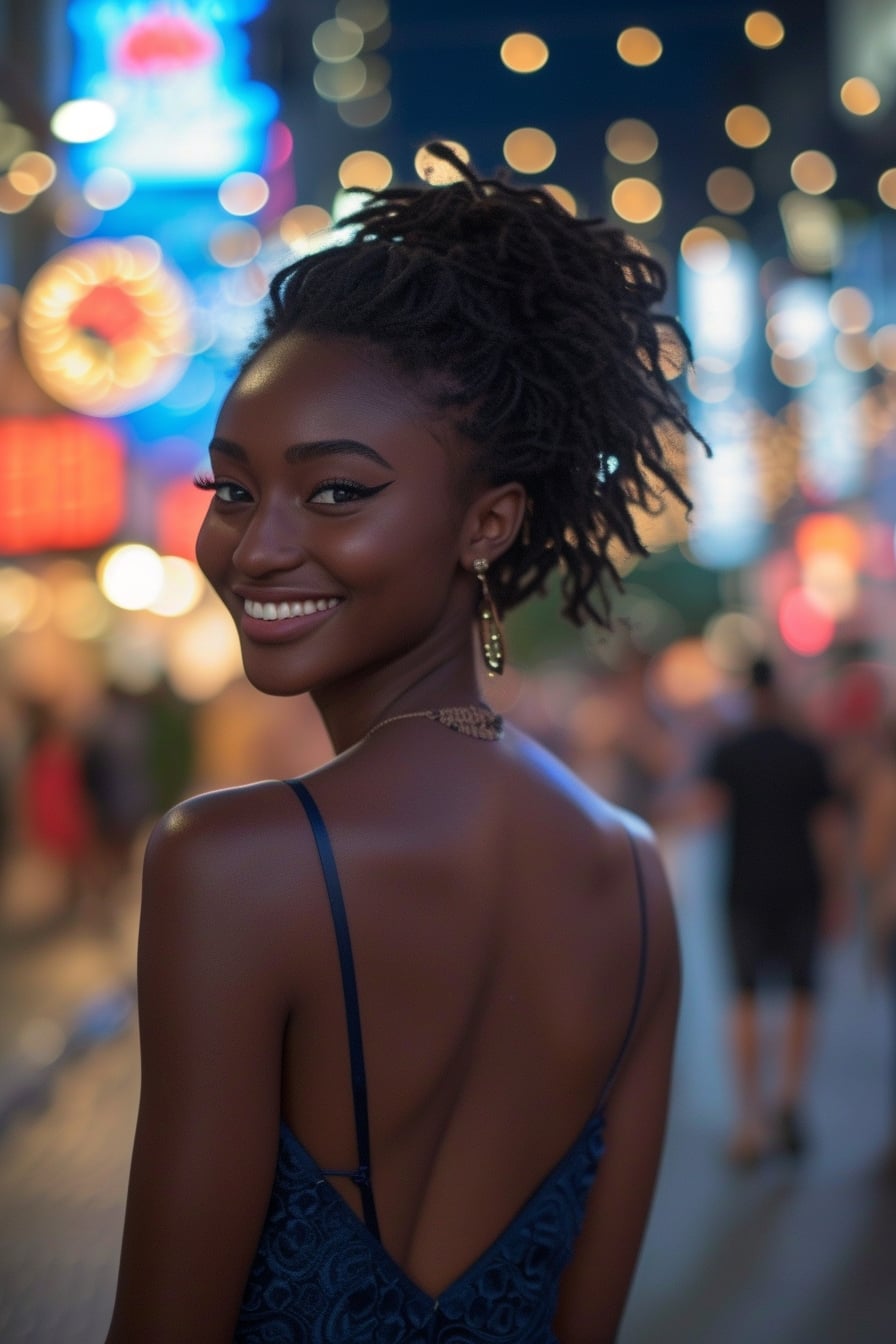  A young woman with a radiant smile, in a chic, navy blue backless dress, walking confidently through a vibrant city street at dusk.