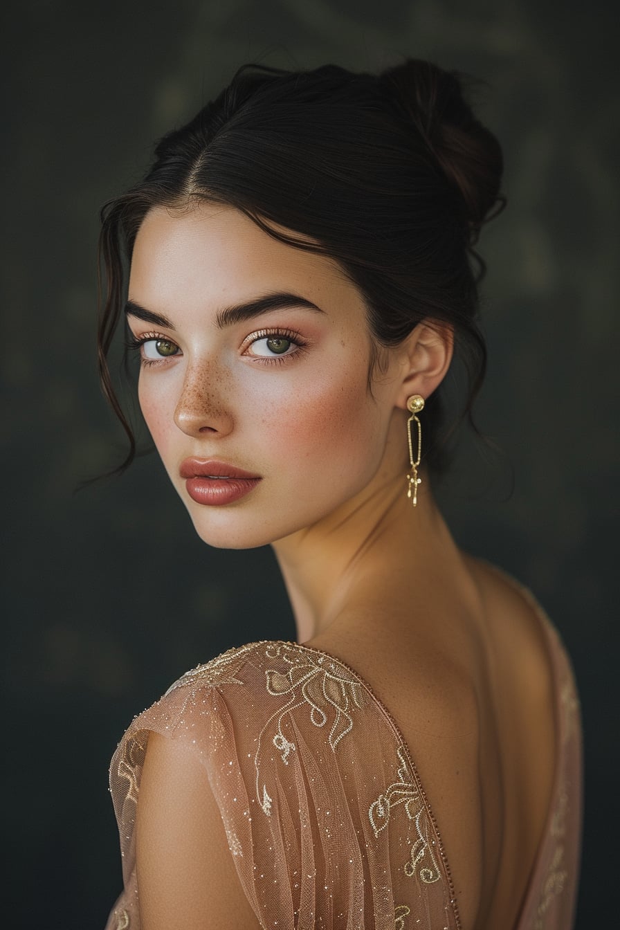  Close-up image of a young woman with a sleek bun, showcasing delicate gold drop earrings, with the hint of a soft pink backless dress, early evening lighting.