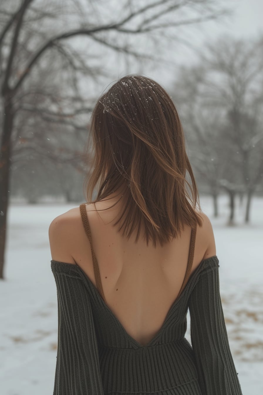  A young woman with elegant, straight hair, wearing a backless dress with a high-neck sweater underneath, standing in a serene, snow-covered park, midday.