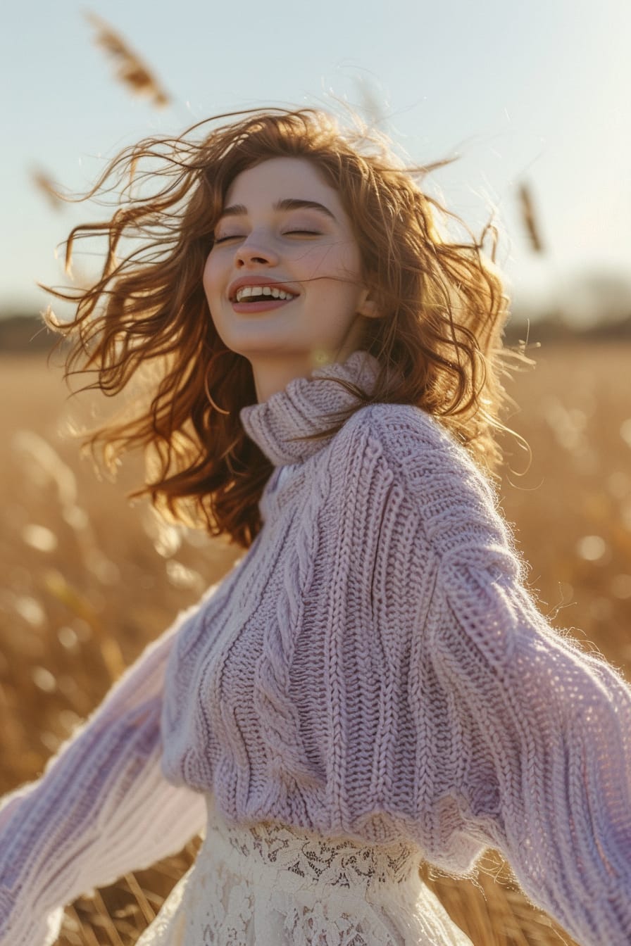 A young woman with curly, shoulder-length hair, laughing as she twirls in a sunlit field, wearing a chunky, oversized lavender sweater over a white, delicate lace dress, late afternoon.