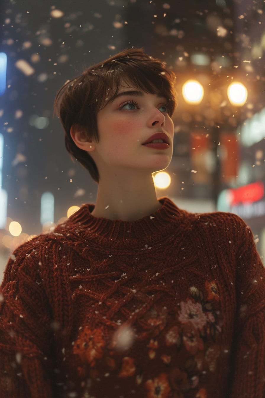 A young woman with short, pixie-cut hair, standing on a snowy city street at night, illuminated by street lamps, wearing a chunky, cable-knit sweater in deep red over a dark floral, long-sleeve maxi dress, breath visible in the cold air.