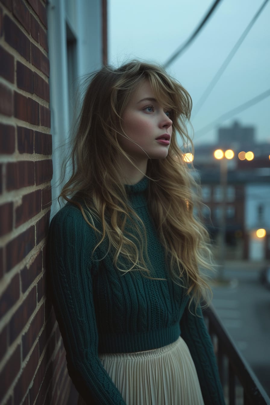 A young woman with long, wavy blonde hair, looking off into the distance, standing in an urban setting with brick walls, wearing a dark green chunky sweater over a cream-colored, delicate, pleated midi dress, dusk, city lights starting to glow.
