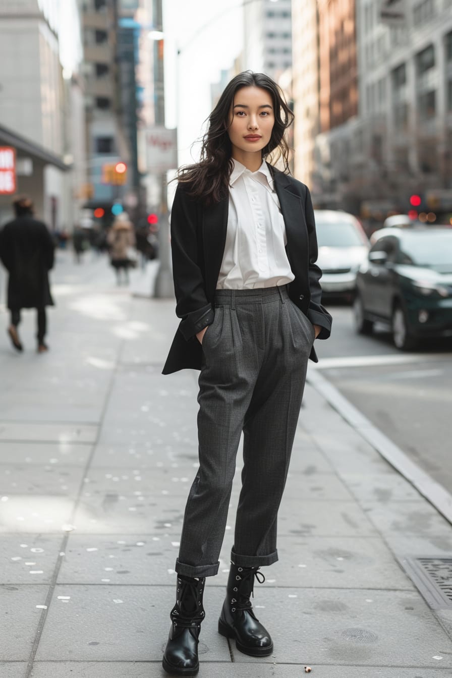  A full-length image of a young woman with sleek black hair, wearing black combat boots, charcoal grey tailored trousers, a white blouse, and a black blazer, standing on a busy city sidewalk, midday.