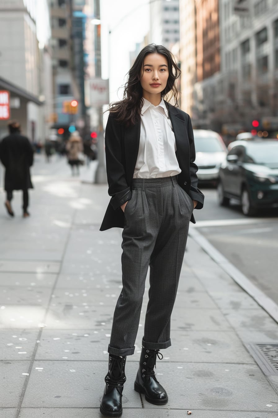 A full-length image of a young woman with sleek black hair, wearing black combat boots, charcoal grey tailored trousers, a white blouse, and a black blazer, standing on a busy city sidewalk, midday.