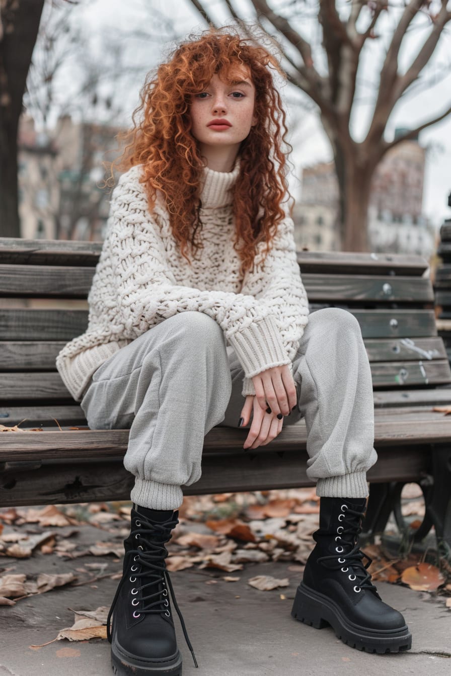 A full-length image of a young woman with curly red hair, wearing black combat boots, grey joggers, and an oversized cream sweater, sitting on a bench in a city park, morning.