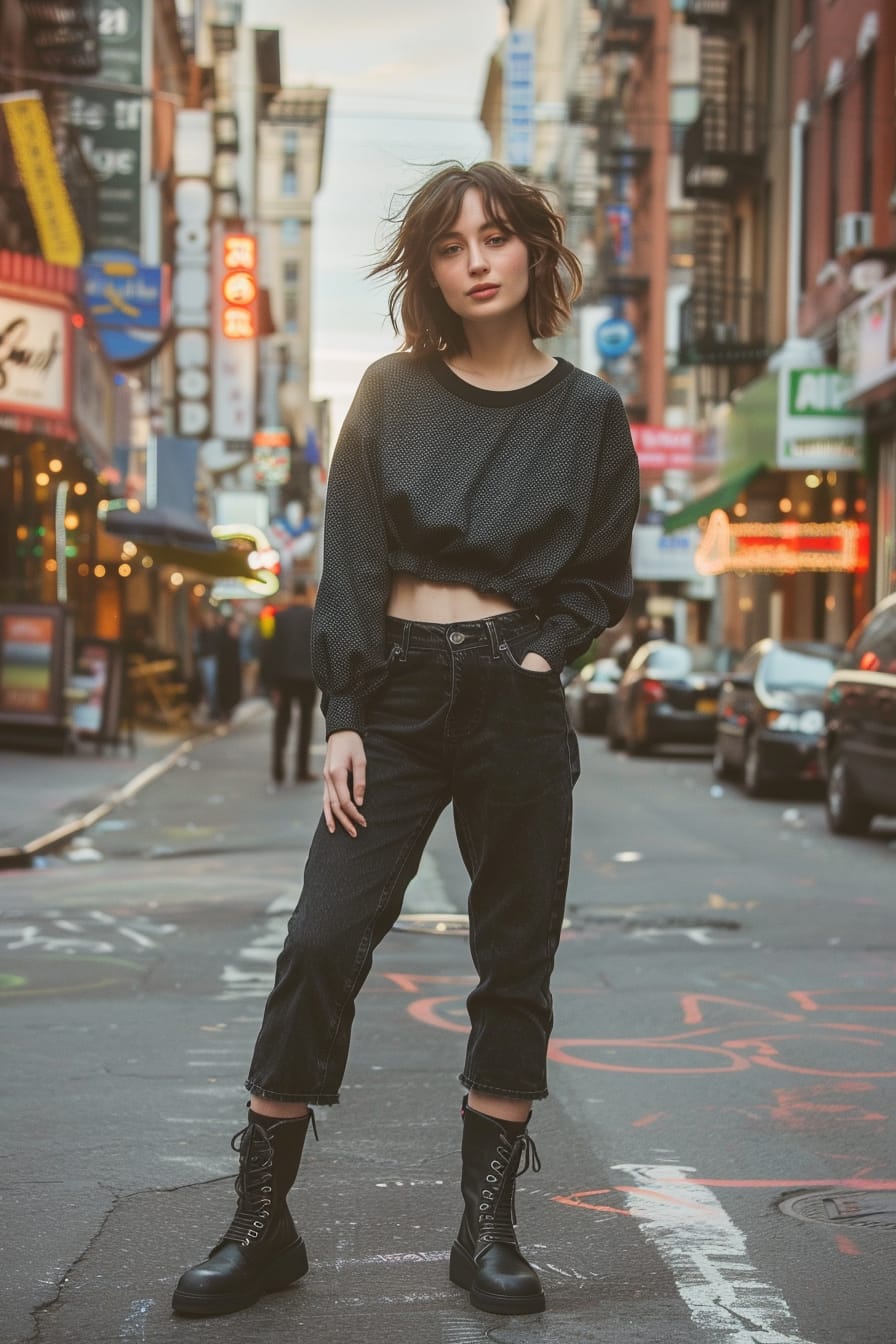 A full-length image of a young woman with short wavy hair, wearing black combat boots, cropped dark denim jeans, and a striped, long-sleeve shirt, walking on a city street with cafes in the background, late afternoon.