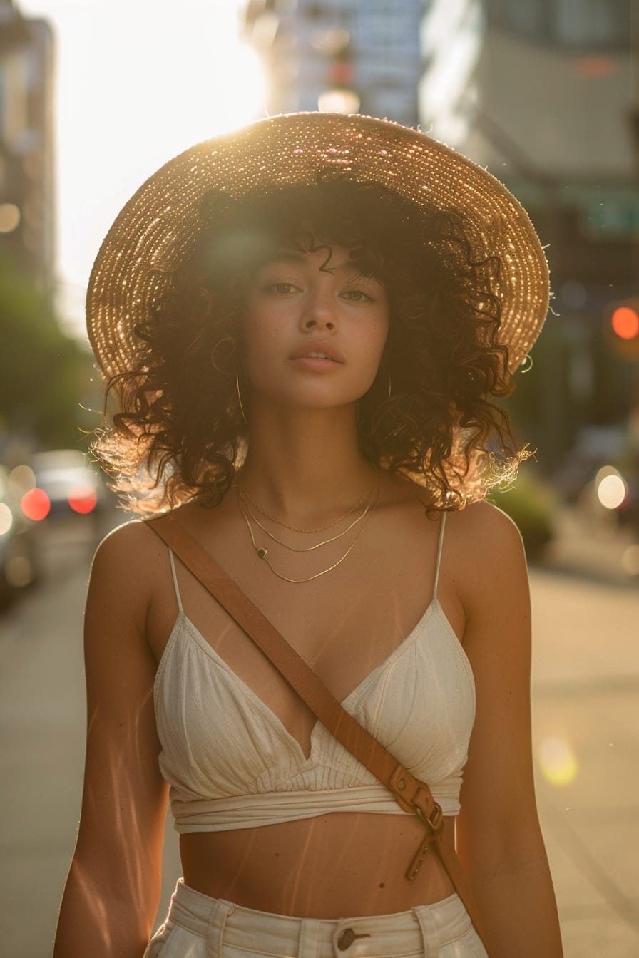 A full-length image of a young woman with loose curls, wearing a wide-brimmed straw hat, simple gold necklace, and carrying a small, brown leather crossbody bag, standing on a city sidewalk, sunset.