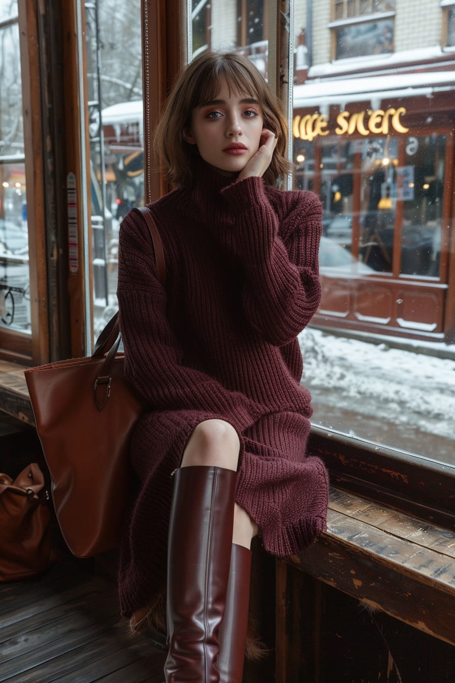 A full-length image of a young woman with a bob haircut, wearing a knitted burgundy dress and thick tights, with knee-high leather boots, holding a leather tote bag, sitting at a café window with snow visible outside, morning light filtering in.