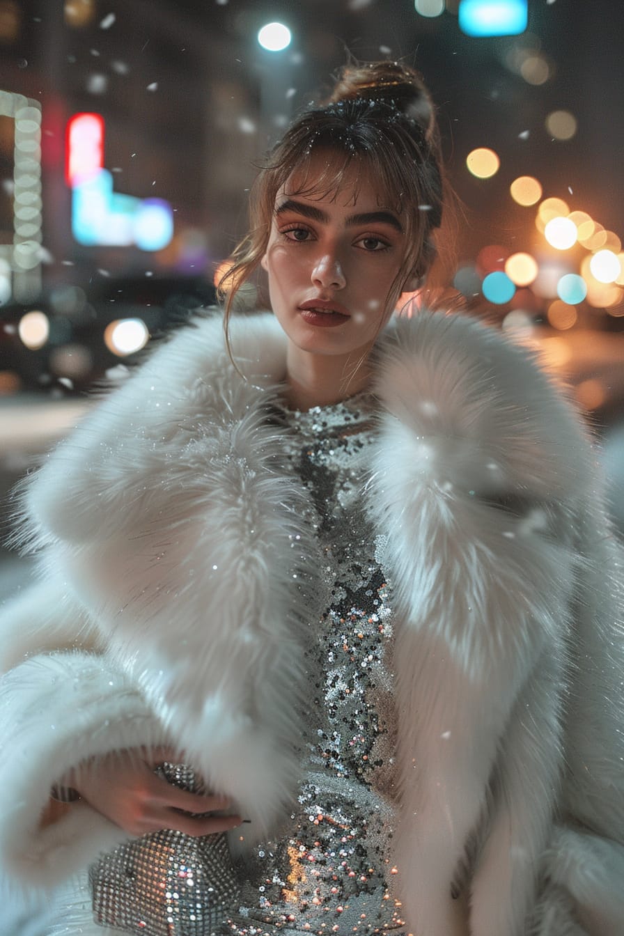  A full-length image of a young woman with an elegant chignon, wearing a silver sequin gown and a white faux fur coat, holding a statement clutch, on a city street at night, with the glow of streetlights and a hint of snow.