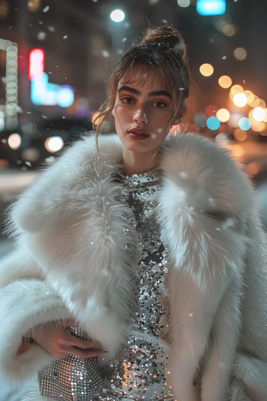 A full-length image of a young woman with an elegant chignon, wearing a silver sequin gown and a white faux fur coat, holding a statement clutch, on a city street at night, with the glow of streetlights and a hint of snow.
