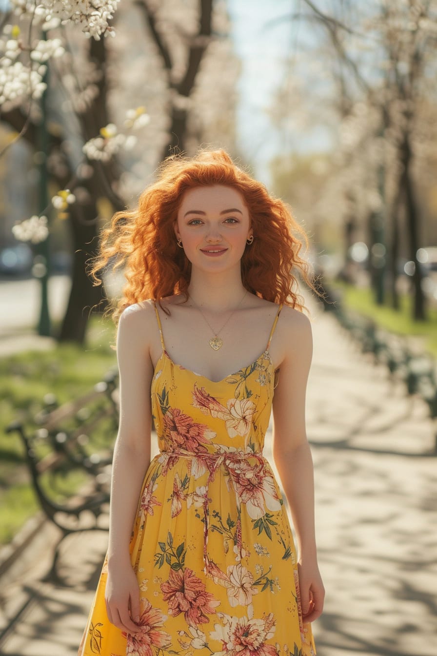  A full-length image of a cheerful young woman with curly red hair, wearing a bright yellow summer dress with floral patterns, standing in a city park with blooming flowers, sunny afternoon.