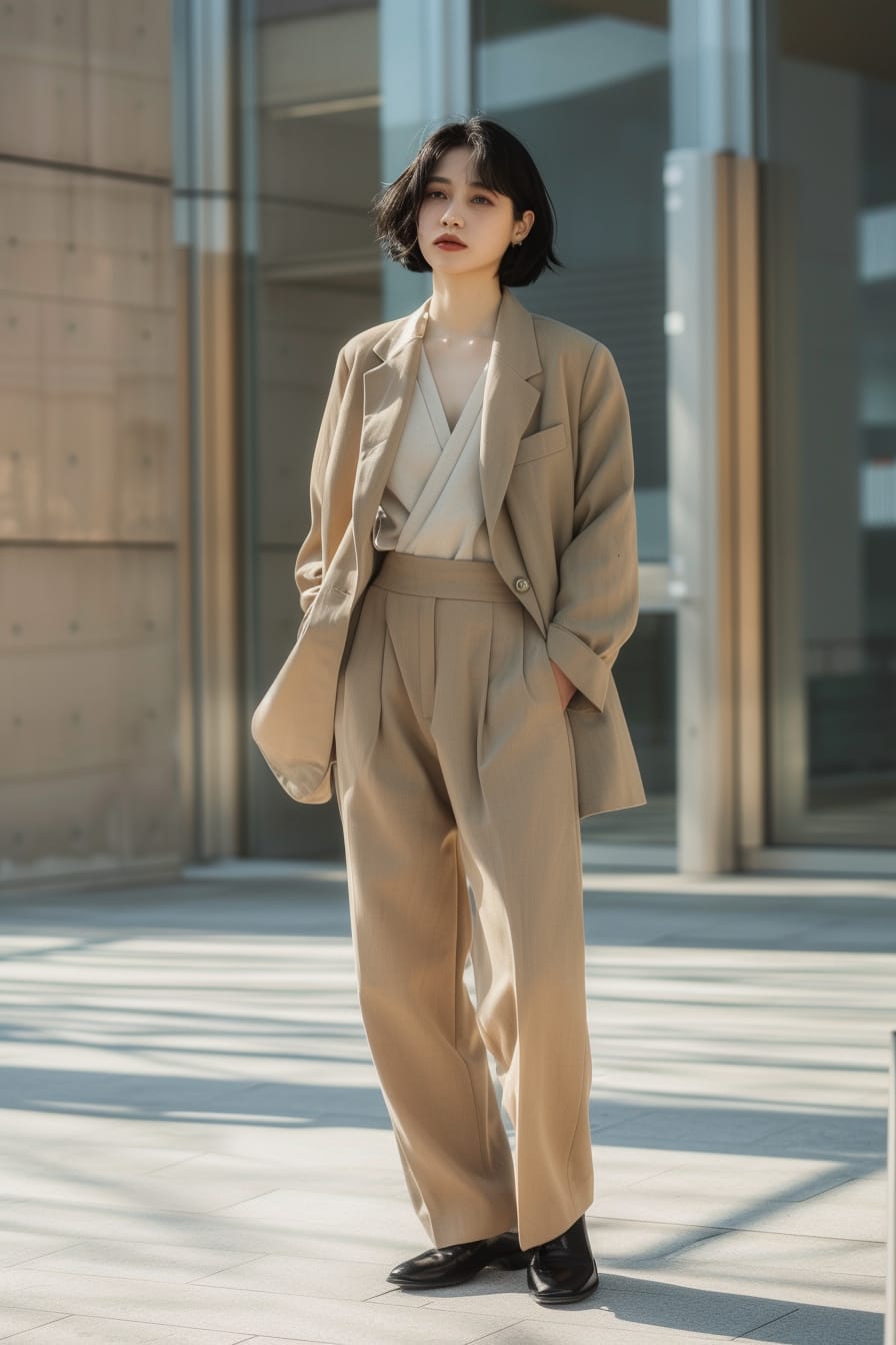  A full-length image of a stylish young woman with short black hair, wearing a tailored beige blazer and matching trousers, standing in front of a modern office building, soft afternoon light.