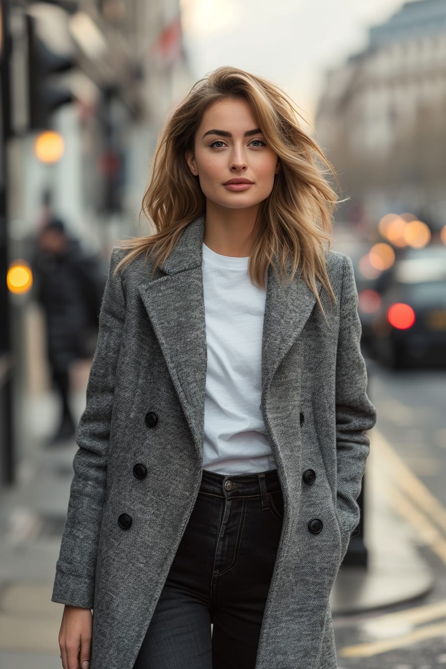 A full-length image of a young woman with shoulder-length blonde hair, wearing a versatile gray wool coat over a white t-shirt and black skinny jeans, walking on a busy city street, evening.