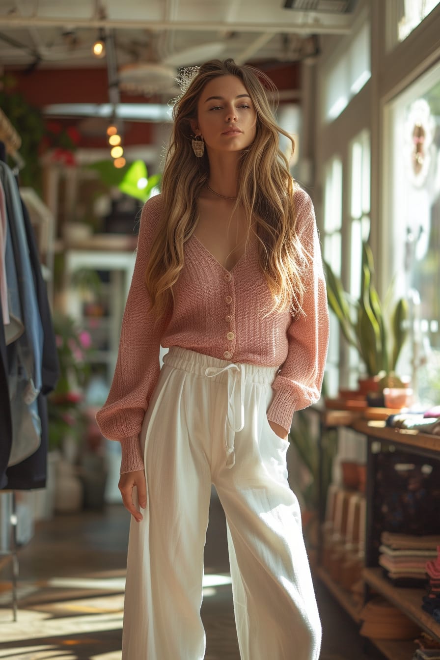  A full-length image of a young woman with long light brown hair, wearing a casual chic outfit of a soft pink sweater and white wide-leg pants, browsing through clothes on a rack in a sunlit boutique, late morning.