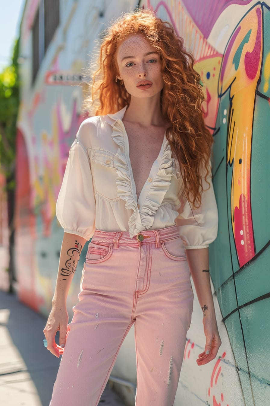 A full-length image of a vibrant young woman with long curly red hair, wearing pastel pink slim-fit jeans and a loose, airy white blouse, standing in front of a colorful mural on a city street, bright afternoon sun.