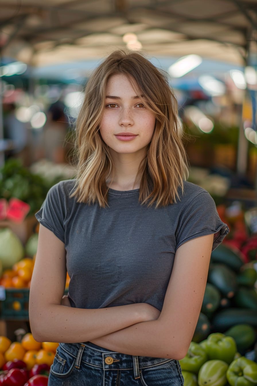  A full-length image of an eco-conscious young woman with shoulder-length light brown hair, wearing sustainable, raw denim jeans and a simple organic cotton t-shirt, browsing through a farmers market in a city street, morning.