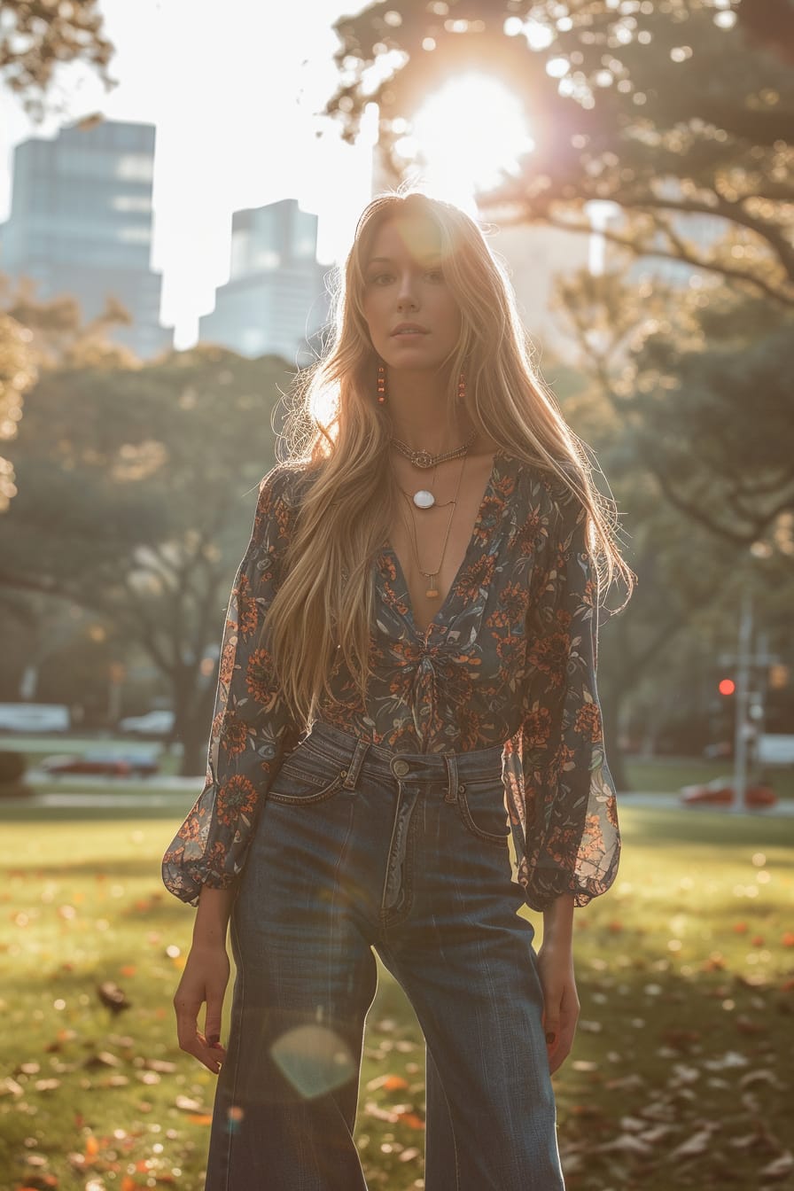  A full-length image of a bohemian-chic young woman with long straight blonde hair, wearing dramatic flared denim jeans and a flowy, floral print blouse, walking through a city park, golden hour sunlight.