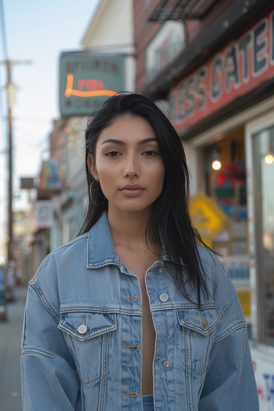 A full-length image of a confident young woman with sleek black hair, wearing a light wash denim jacket over a darker wash denim jumpsuit, standing in front of an urban café, late afternoon.