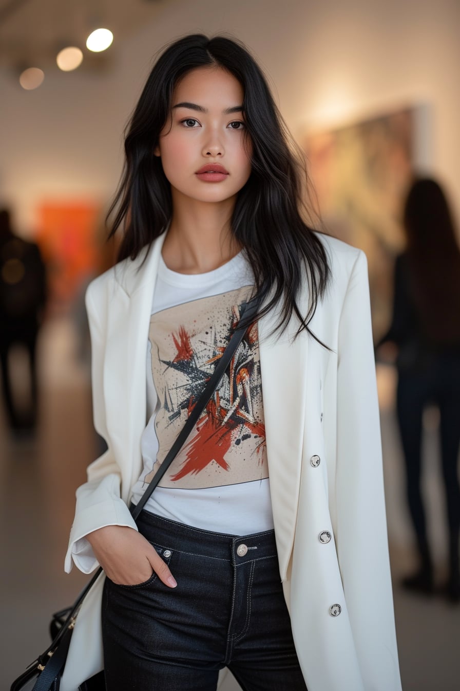 A young woman with sleek black hair, wearing a crisp white blazer over a graphic tee depicting a modern abstract art piece, dark skinny jeans, holding a simple leather clutch, standing in an art gallery, early evening.