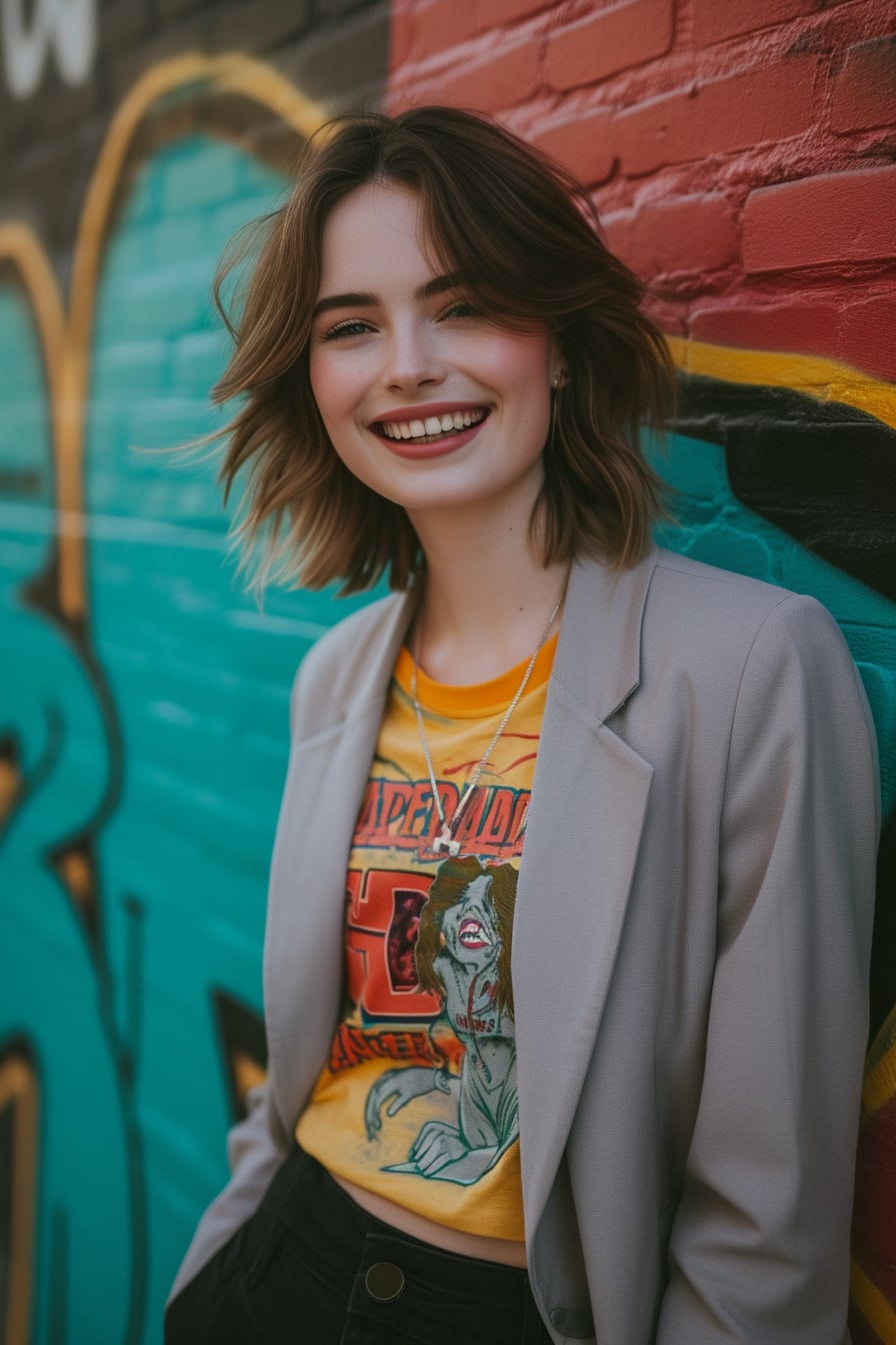 A young woman with short wavy hair, smiling, wearing a light grey blazer paired with a vibrant graphic tee featuring a classic rock band, black trousers, standing against a colorful graffiti wall, late afternoon.