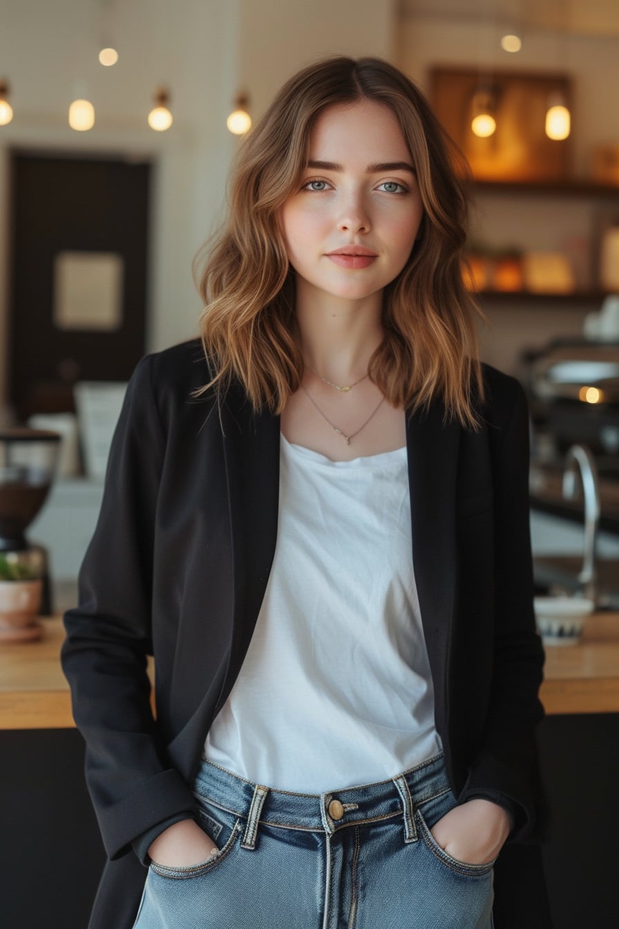  A young woman with medium-length brunette hair, wearing a fitted navy blazer over a white graphic tee, casual denim jeans, standing in a well-lit, minimalist coffee shop, morning.