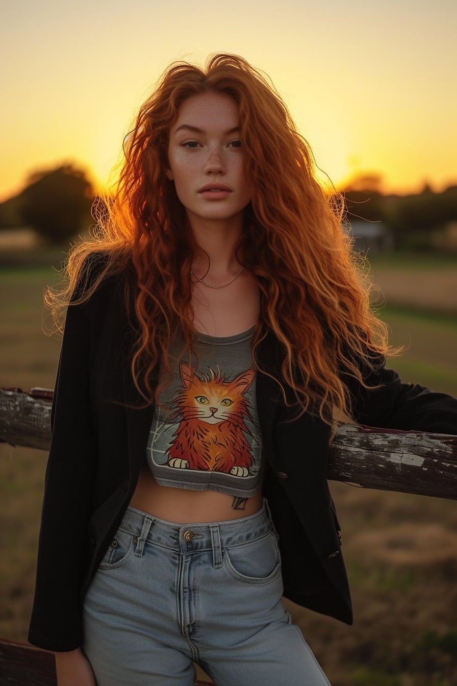  A young woman with long, curly red hair, wearing a chic black blazer over a graphic tee with a whimsical cat design, light wash jeans, leaning on a rustic wooden fence, sunset.