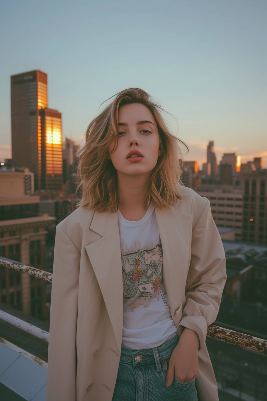  A young woman with shoulder-length blonde hair, wearing an oversized blazer in a soft pastel color over a graphic tee with a subtle floral design, standing on a city rooftop, overlooking the skyline at dusk.