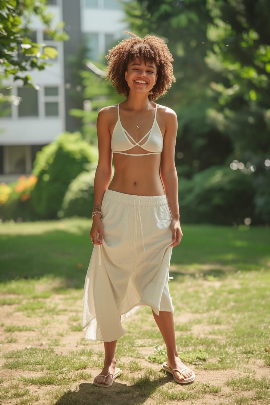  A young woman with short, curly hair, laughing, wearing casual, sporty sandals in a bright white color, paired with a flowy midi skirt and a tank top, urban park setting, midday.