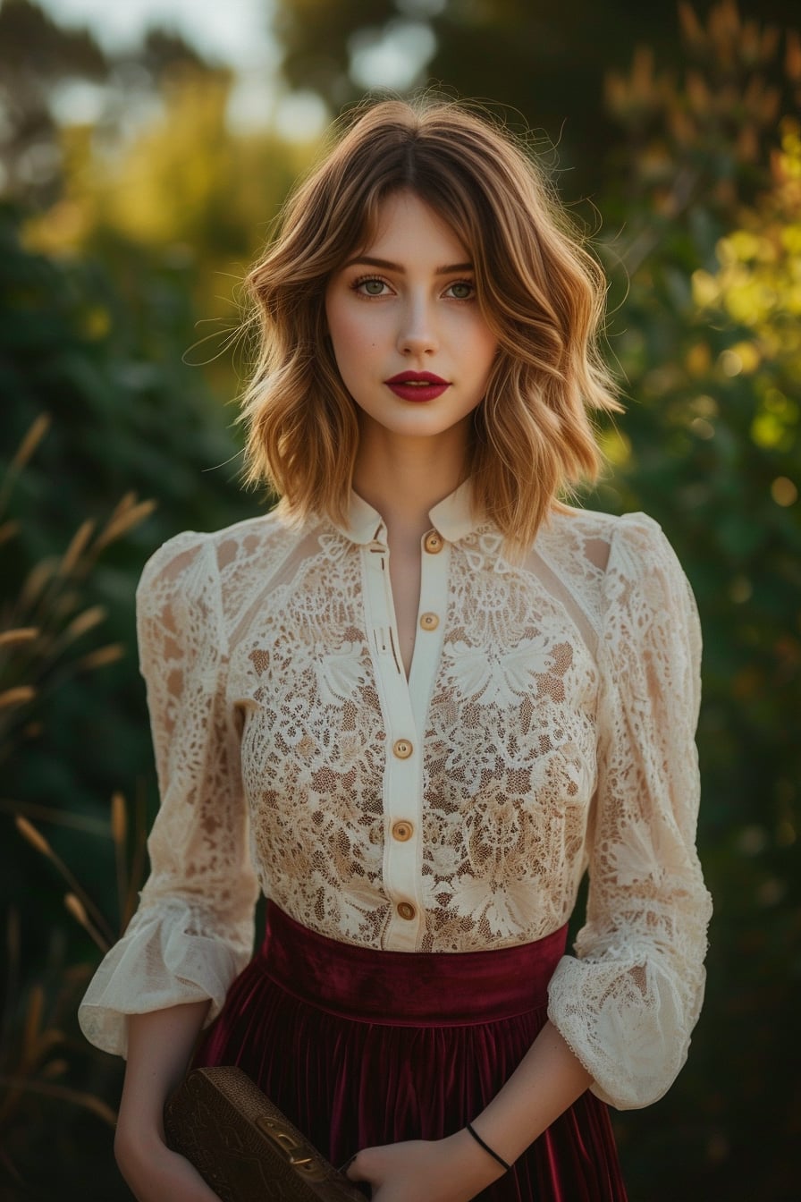  A young woman with wavy, shoulder-length hair, wearing a high-waisted, deep red A-line skirt and a white lace blouse, holding a clutch, soft evening lighting, in a luxurious garden setting.