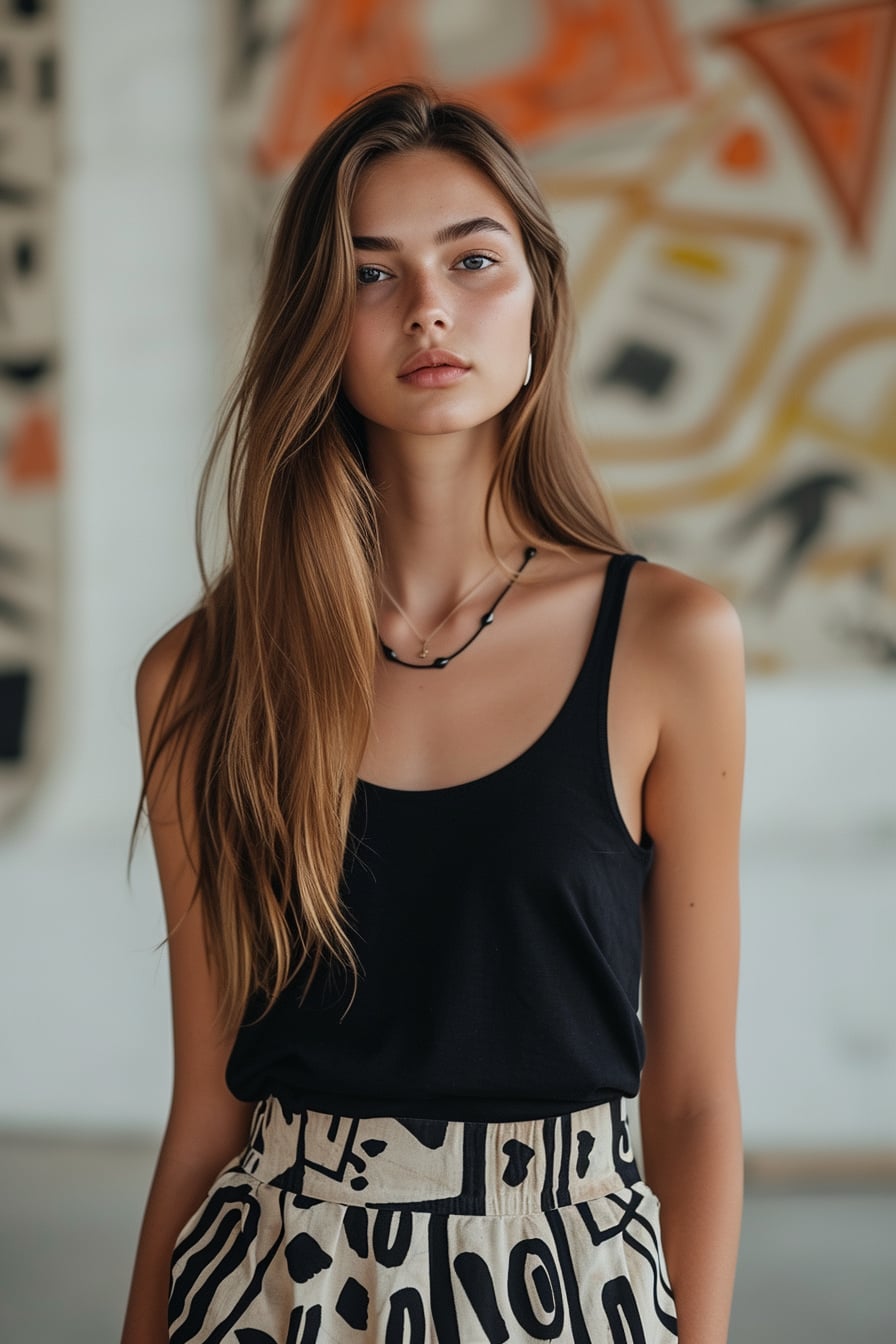  A young woman with long, straight hair, wearing a high-waisted skirt with a bold geometric pattern in black and white, paired with a simple black top, minimalist modern art gallery background, natural daylight.