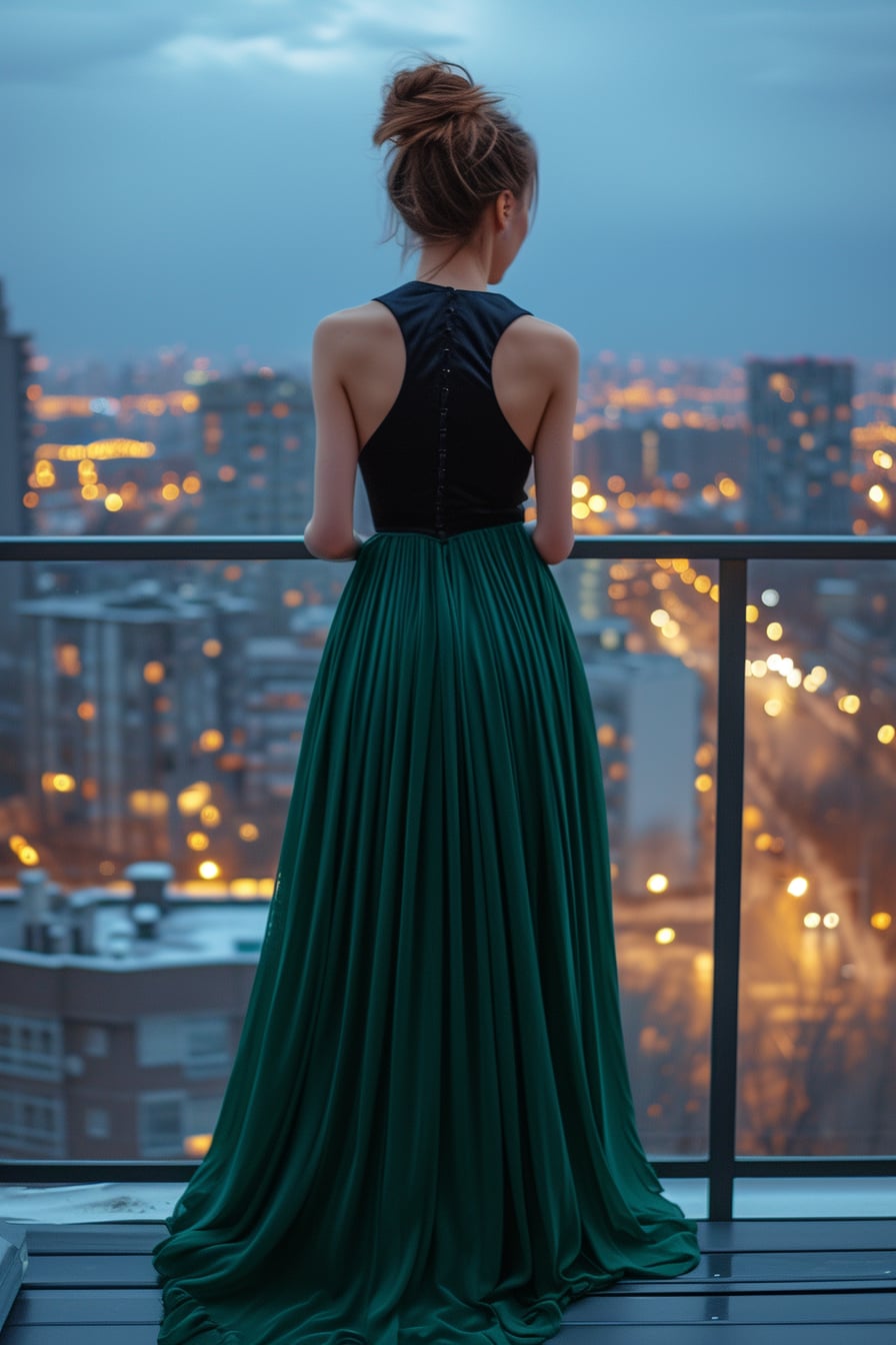  A young woman with an elegant updo, wearing a long, emerald green pleated skirt and a fitted, sleeveless black silk top, standing on a balcony overlooking a city at night, soft lighting.