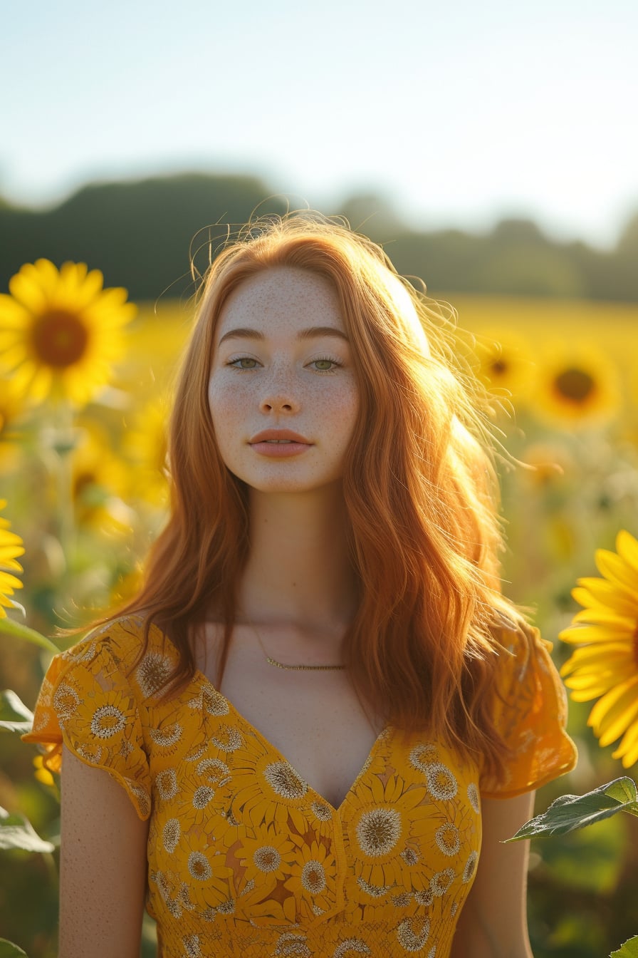  A full-length image of a young woman with flowing auburn hair, donning a bright yellow sundress, standing in a field of sunflowers, late morning sunlight.